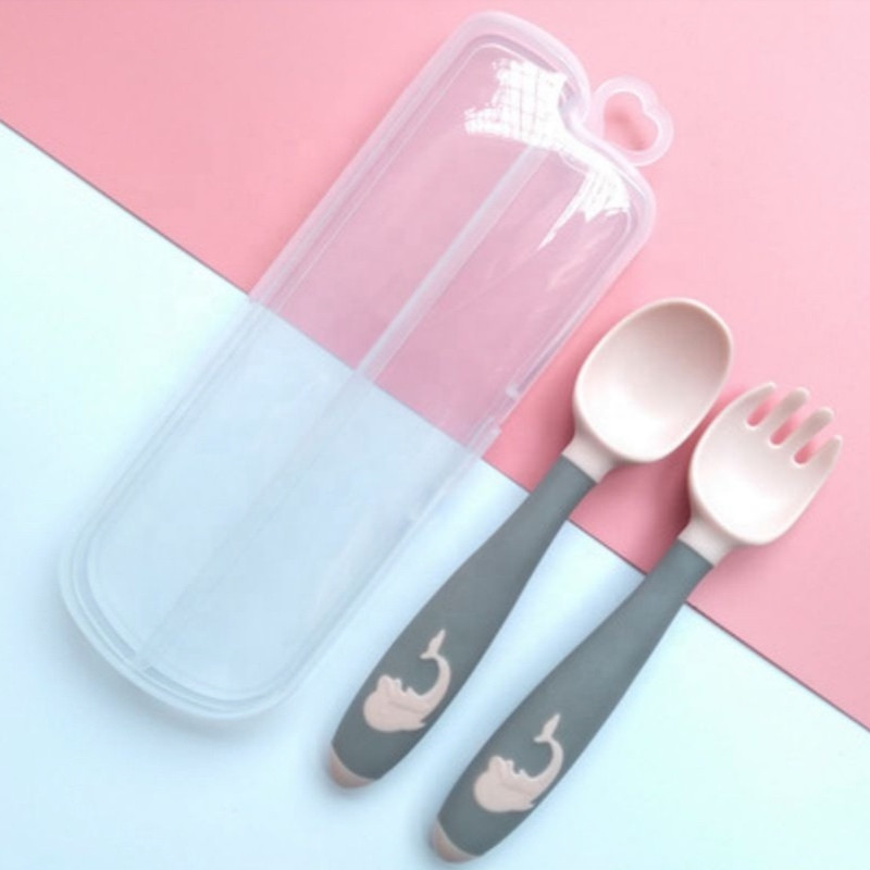 Baby Twist Spoon Fork Set with Travel Case Easy Grip Bendable Toddler Training Set Pink